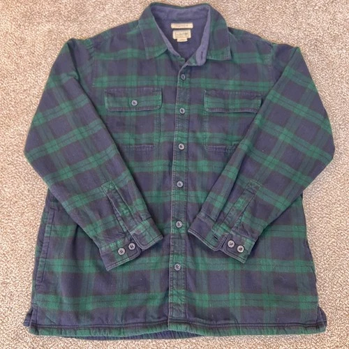 LL Bean Flannel Shirt Jacket Mens XL Green Blue Plaid Fleece Lined Excellent - product listing photo