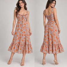 ASTR the Label Mahalia Blue Orange Floral Smocked Square Neck Split Midi Dress M
