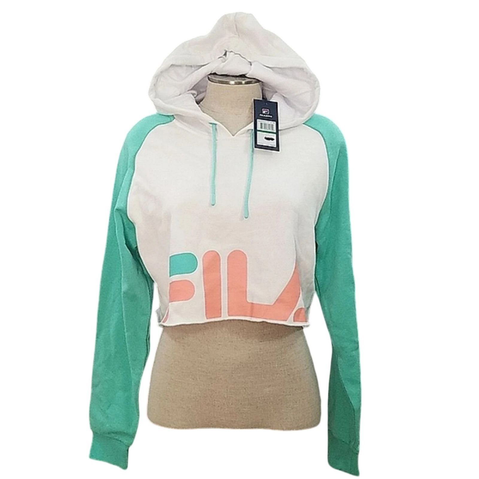 Felpa con cappuccio Fila Luciana nuova con etichetta logo ritagliato leggera atletica bianca verde TG L