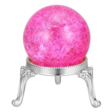 Crystal Ball 40mm, Ice Cracked Glass Ball with Metal Stand, Pink/Silver