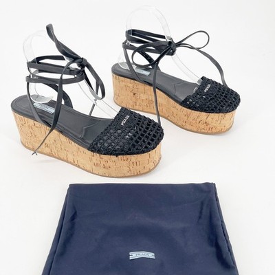 Prada Black Raffia Crochet Logo Wedge Leather Lace Up Ankle Tie Sandals IT 41