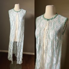 Vintage 50s 60s Nightgown Robe Duster Blue White Lace Sleeveless Sheer FLAWS