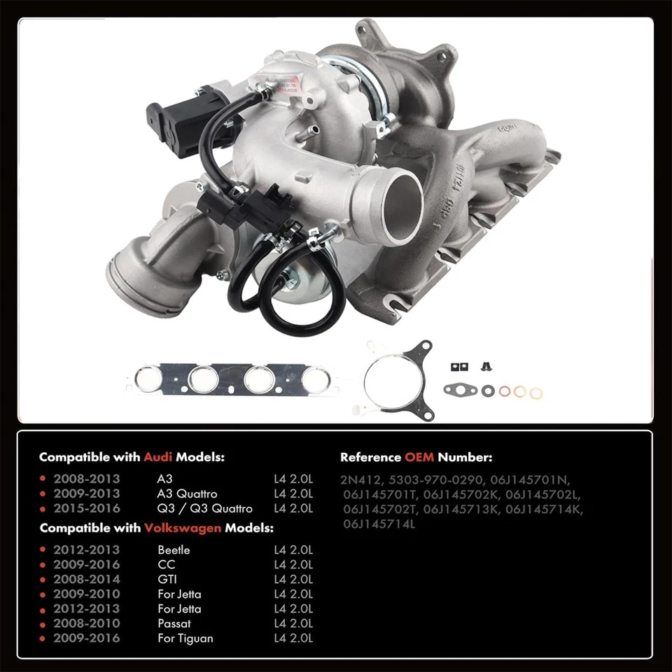 Turbo Turbocharger 2.0T For VW Jetta GLI Passat Beetle Tiguan Audi DOHC CCTA - Изображение 2 из 4