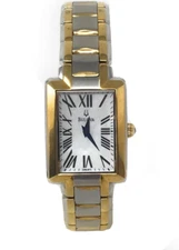 Bulova Watch C960965 Women's Gold Silver Tone Rectangle Dial New Battery 6.5"