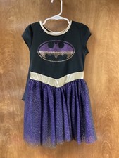 Girls"TM OC Comic"Batman purple,blk, gold dress  attached cape. Size XS 4/5 