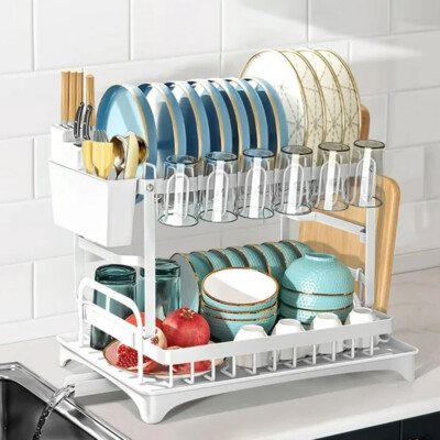 TOOLF 2-Tier Dish Rack With Utensil Holder - Large Capacity, No-Screw Assembly, Chrome Finish - View #3