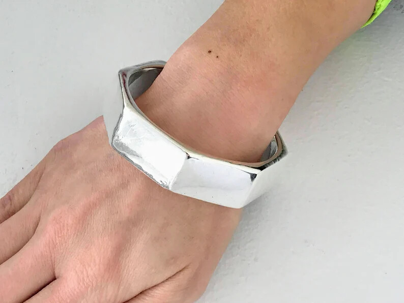 Elegante 925 Plata de Ley Ancho Pesado Moderno Pulseras/Pulsera Mujer Joyería