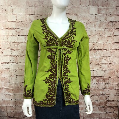 Lucky Brand Small Embroidered Tunic Green Brown Long Sleeve Boho Festival