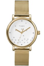 NEW-TIMEX GOLD TONE S/STEEL FINE MESH BAND+WHITE,CRYSTAL DIAL WATCH-T2N986+TAG