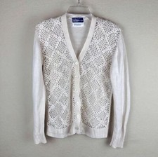 LeRoy Knitwear Sweater Womens M Vintage Cream Crochet V-Neck Cardigan