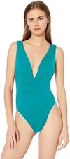 Trina Turk 170533 Womens Wrap Front One Piece Swimsuit Solid Turquoise Size 10