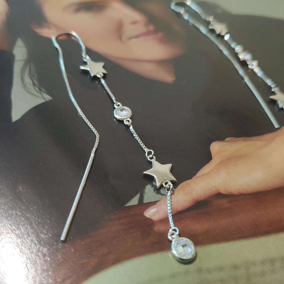 925 Sterling Silver thread Earring and Fashion Zircon Design White Gold Finish - Image 3 of 4