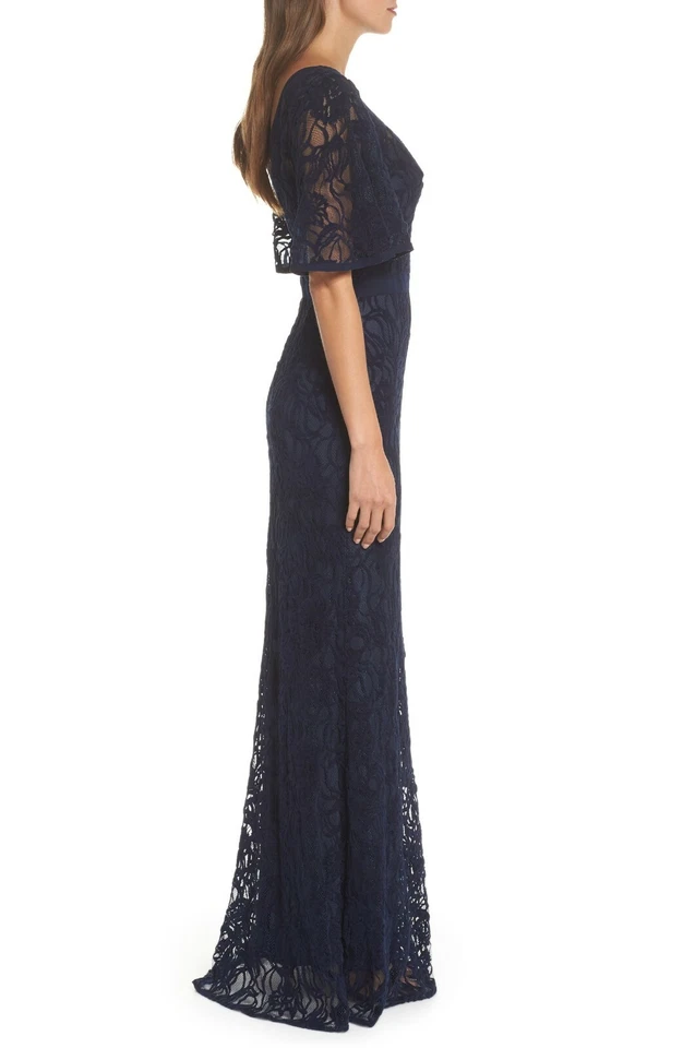 Vestido TADASHI SHOJI azul marinho veludo burnout renda bordado manga esvoaçante 8 M - Imagem 4 de 4