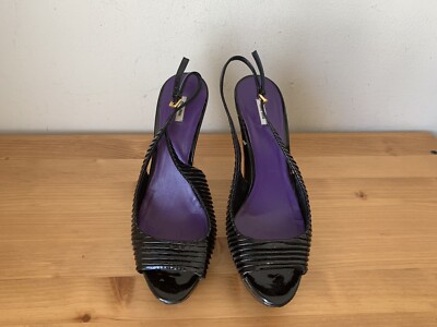 MIU MIU by Prada Women 9 EU 39.5 black patent platform peeptoe slingback pumps