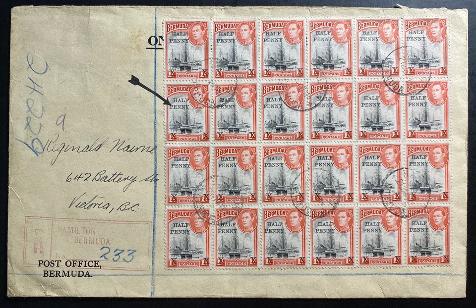 1941 Hamilton Bermuda Registered Cover To Victoria Canada Half Penny Overprint - Image 3 of 3