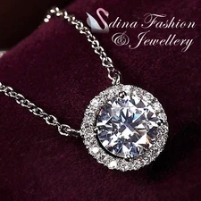 18K White Gold GP Made With Swarovski Element Round Cut Exquisite Halo Necklace