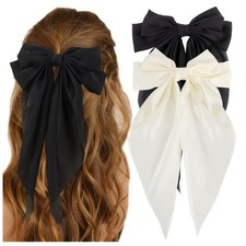 Large Satin Hair Bows 2 Pack Black Beige Big Hair Clips for Women Girls