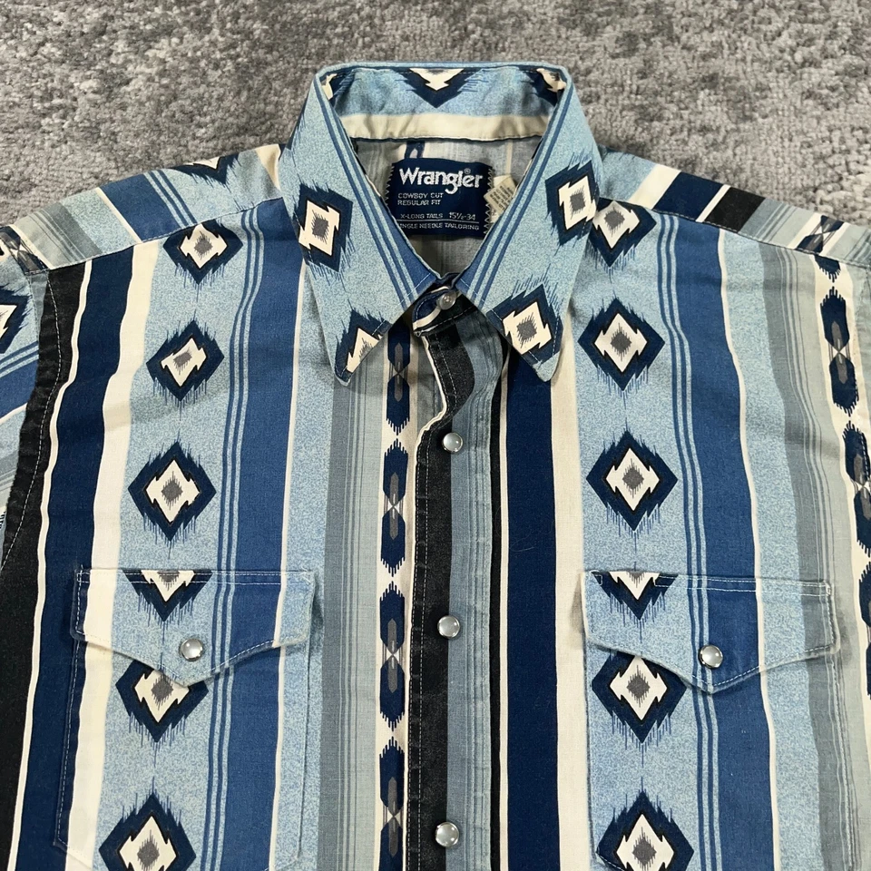 VTG Wrangler Western Shirt Mens 15.5 X 34 Blue Aztec Pearl Snap 90s Made In USA - Image 2 of 4