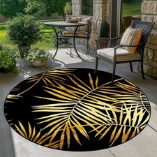 140cm 140cmElegant Black  Golden Leaf Print Round Mat - Durable Polyester Outdo
