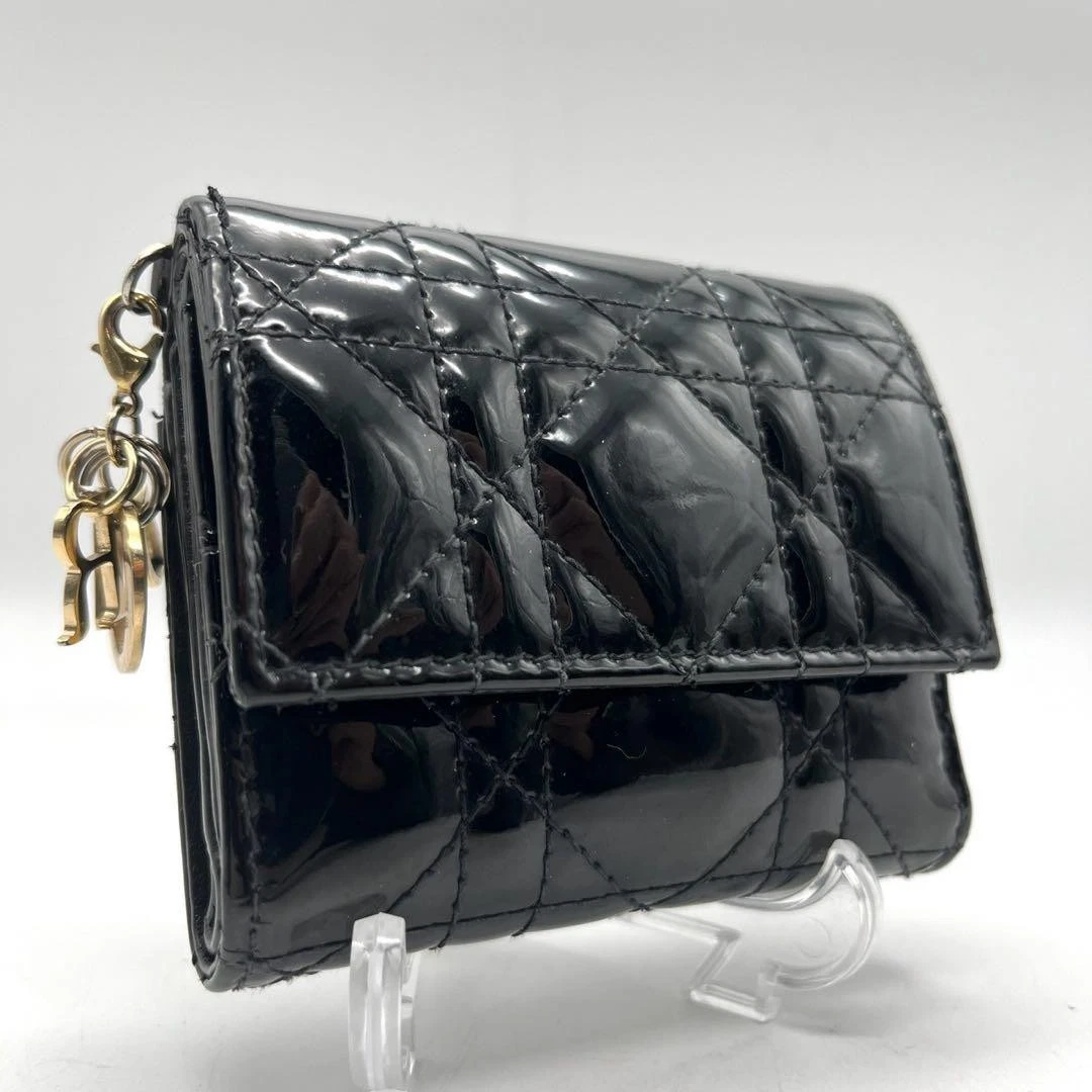 Portefeuille Christian Dior Lotus Tri Fold noir verni bon état authentique