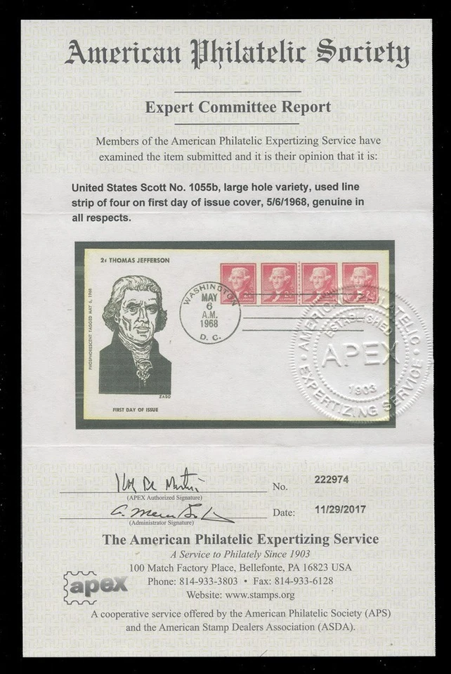1055b LINE STRIP OF 4, 2c THOMAS JEFFERSON COIL, LARGE HOLES "TAGGED" FDC - ZASO - Image 3 of 3