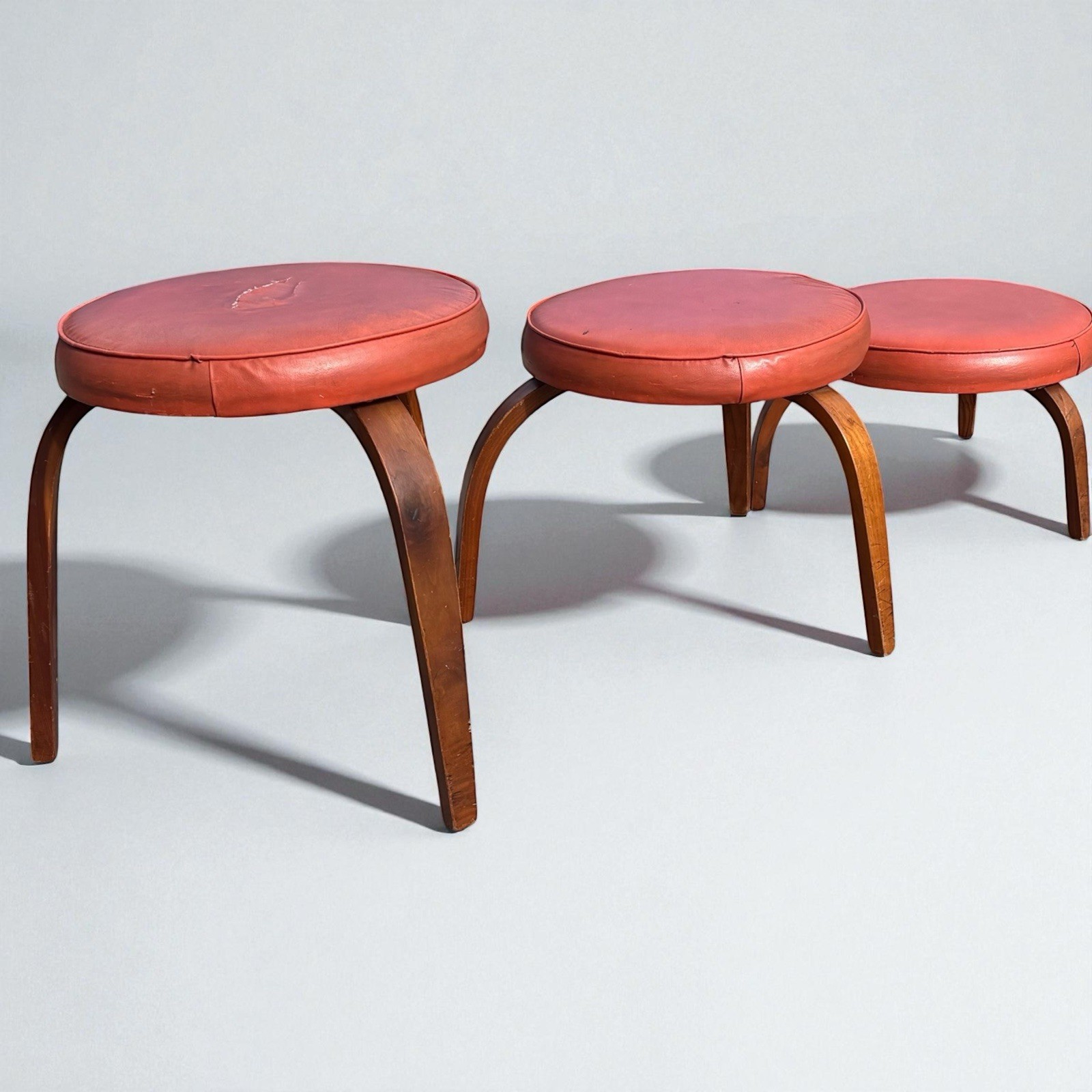 3 Vintage MCM Thonet Bentwood Nesting Stools Mid Century Stacking Orange Vinyl