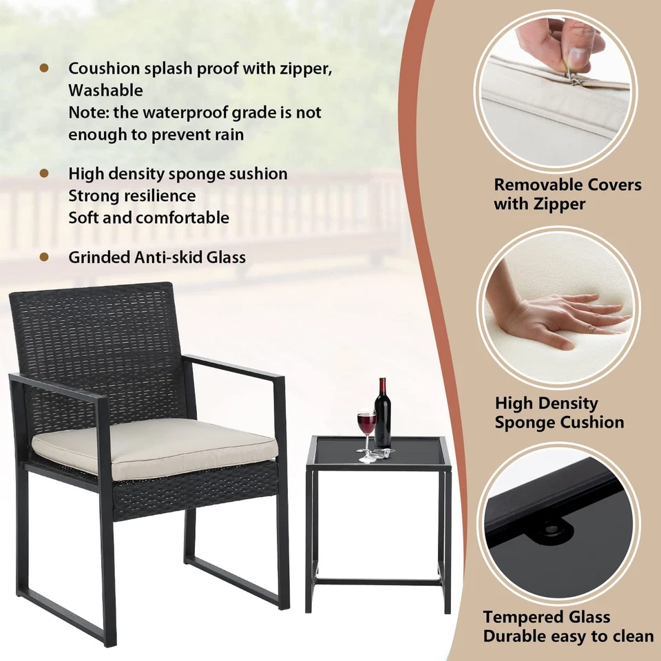 | Juego de muebles de patio de 3 piezas | Caqui | Muebles de exterior de mimbre con café T... Foto 2 de 4