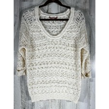 Unionbay Sweater Cream Open Knit Boho 3/4 Sleeve Scoop Neck Boho Beach Cottage