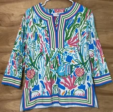 Jean Pierre Klifa Womans XL Tunic Blouse Top  V Neck Color Trimmed