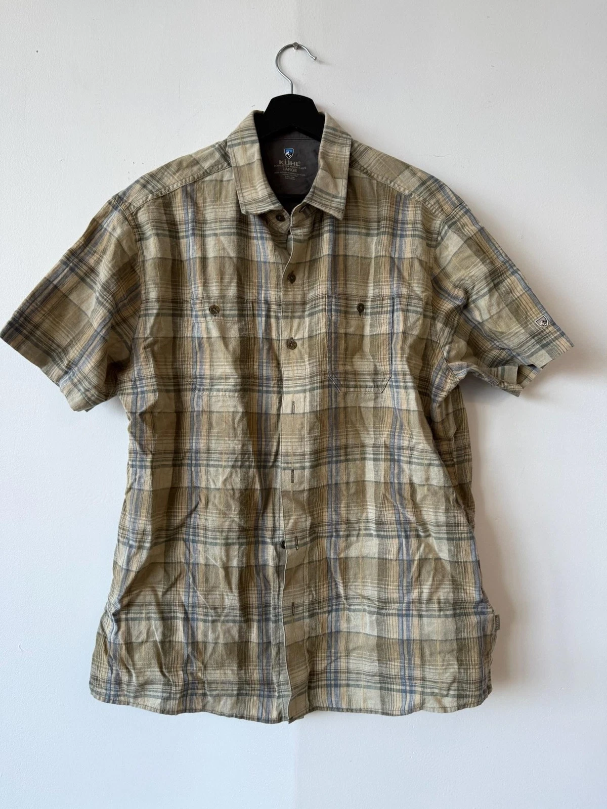 Kuhl Shirt Mens Large Brown Blue Plaid Short Sleeve Button Up Outdoors Hiking