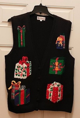 Vintage Bechamel Womans Sz LARGE Ugly Christmas Sweater Vest Black  Embroidered
