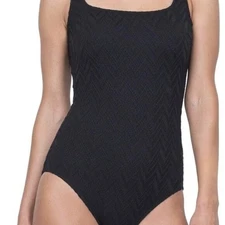 Gottex Jazz Black Textured Square Neck High Back One Piece Swimsuit 12 New
