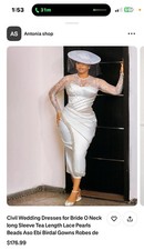 Antonia Shop White Satin Lace Beaded O Neck Long Sleeve Tea Length Wedding Dress