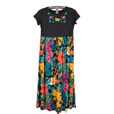 Vintage Carole Little Embroidered Floral Maxi Dress Tropical Hawaiian Hibiscus