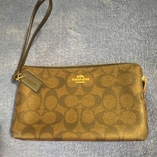 Coach Signature Brown Zip Wristlet Clutch Pouch Wrist Strap Gold Hardware