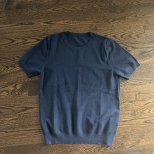 Women  s Dark Blue Knit Short Sleeve Sweater Size Medium Top Crewneck