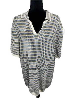Falconeri Men's White And Blue Striped Short Sleeve Cotton Large Flaw On Sleeve