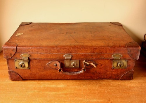 Large Antique Brown Leather Suitcase 