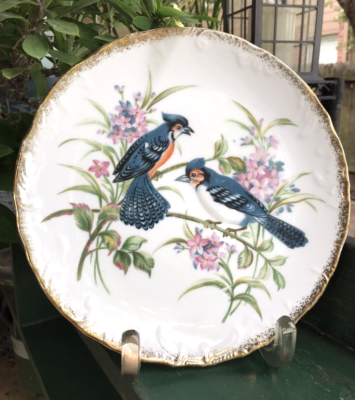 NARUMI 鳴海製陶 飾り皿 スズメ Passer montanus Vintage Norleans Japan Plate Blue Jay Birds Pink Flowers Gold Trim