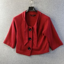 Nine West Sweater Jacket Women M Red Cropped Mock Tassled Tie 3 Oversized Button
