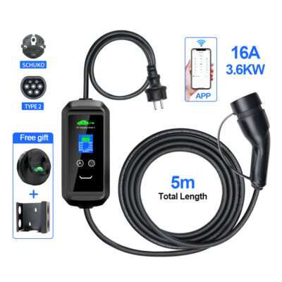 Mobile EV Charger Type2 16A 3.6kw Tuya APP EVSE Charging Cable Plug Wallbox 5M