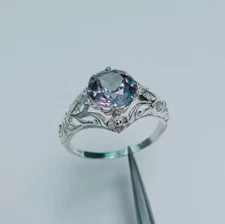 Alexandrite Ring, 925 Sterling Silver Ring, Lab Created  Round Alexandrite Ring