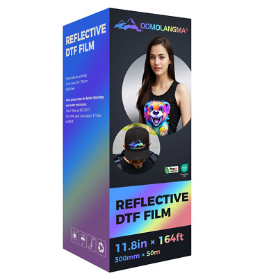 QOMOLANGMA 11.8 × 164ft Reflective DTF Transfer Film Roll For Printing Cold Peel