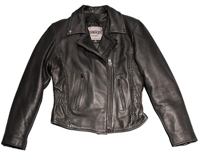 Vintage Unik Black Leather Motorcycle Cross Zipper Biker Jacket