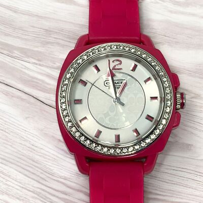 Coach Women's Boyfriend Watch Pink Silicone Strap With Crystal Bezel & Logo Dial