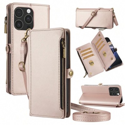 Rose Gold Flip Wallet Case With Card Slots Crossbody Strap For iPhone & Samsung