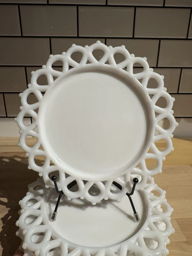 Vintage Milk Glass Triangle Lace Edge 8” Salad Side Plate Excellent Condition