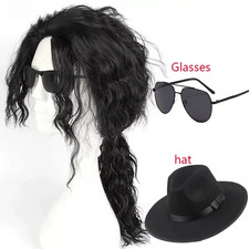 Michael Jackson Cosplay Wig Curly Black Hair Halloween Party Costume Hat Glasses
