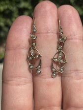 9ct Gold Seed Pearl Long Drop Earrings, 1890s Victorian Art Nouveau 9k 375