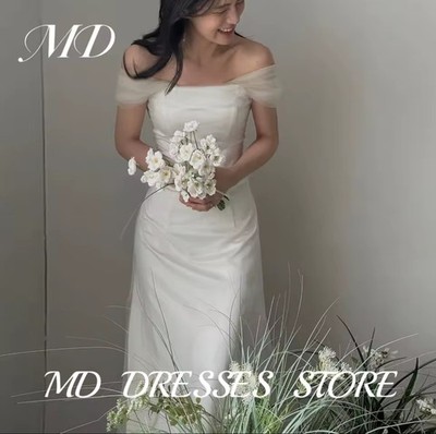 Simple Mermaid Off Shoulder Wedding Dress Satin Floor Length Bridal Gown